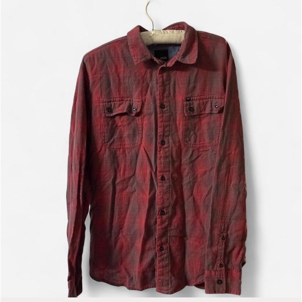 KR3W Mens M streetware Y2K Red Gray Plaid LS Button Up Shirt Point Collar Skate